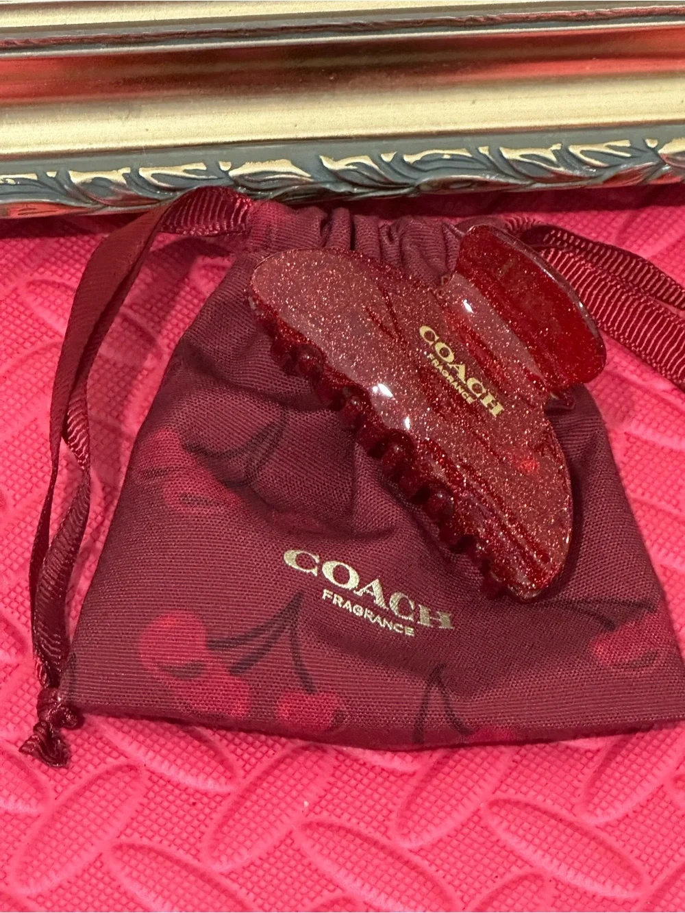 COACH Red Glitter Hair Claw Clip with Gold Logo